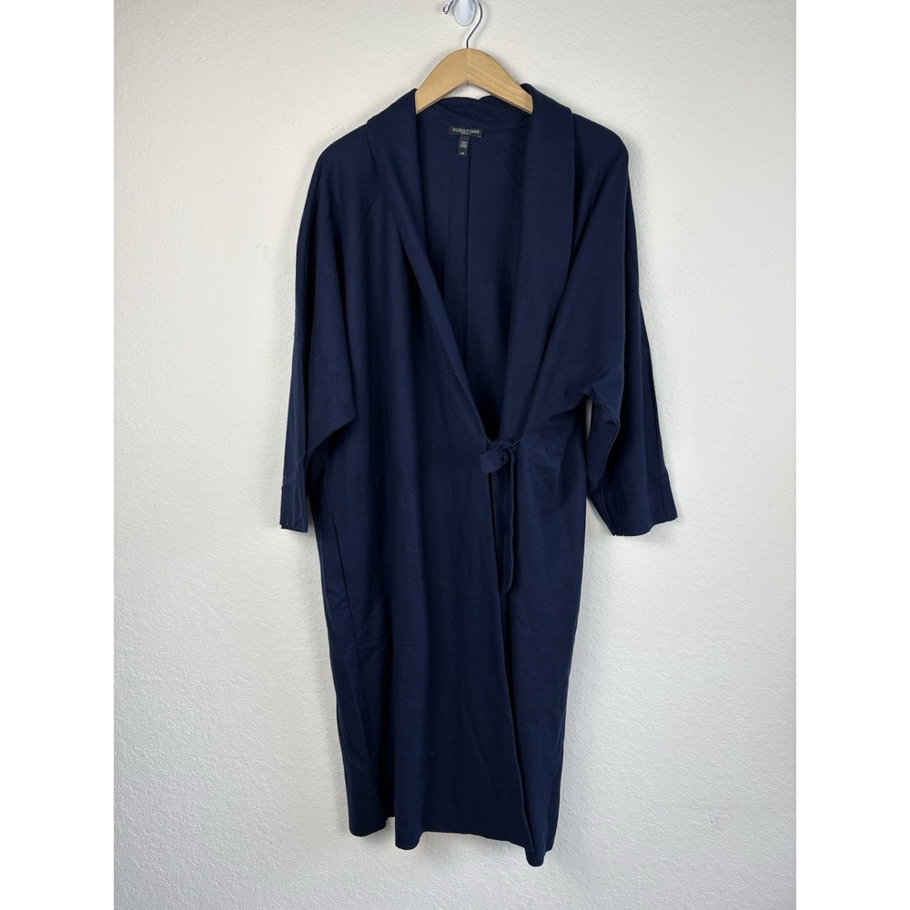 Eileen Fisher 2x Midi Jacket 100% Wool Navy Blue Boiled Shawl High Collar Duster